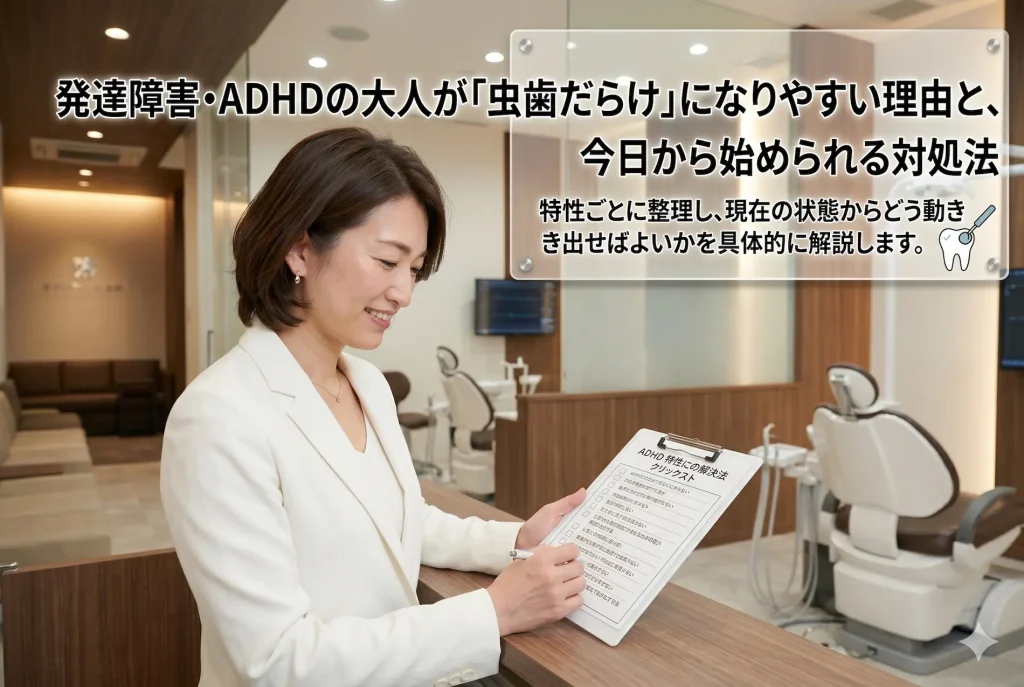 発達障害・ADHDの大人が虫歯になりやすい理由と対処法を解説する歯科クリニックの白衣の女性