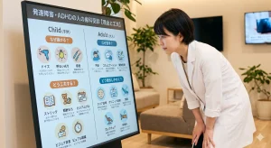 クリニックの待合室で、発達障害・ADHDの人の歯科受診における理由と工夫について説明するデジタルサイネージを熱心に読む白衣の女性スタッフ。