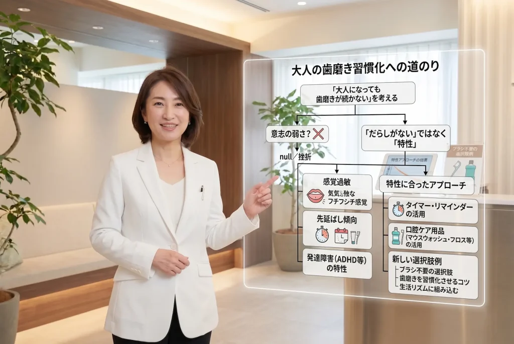 発達障害やADHDの大人向けに、歯磨きが続かない理由と特性に合わせた解決策を解説する図解
