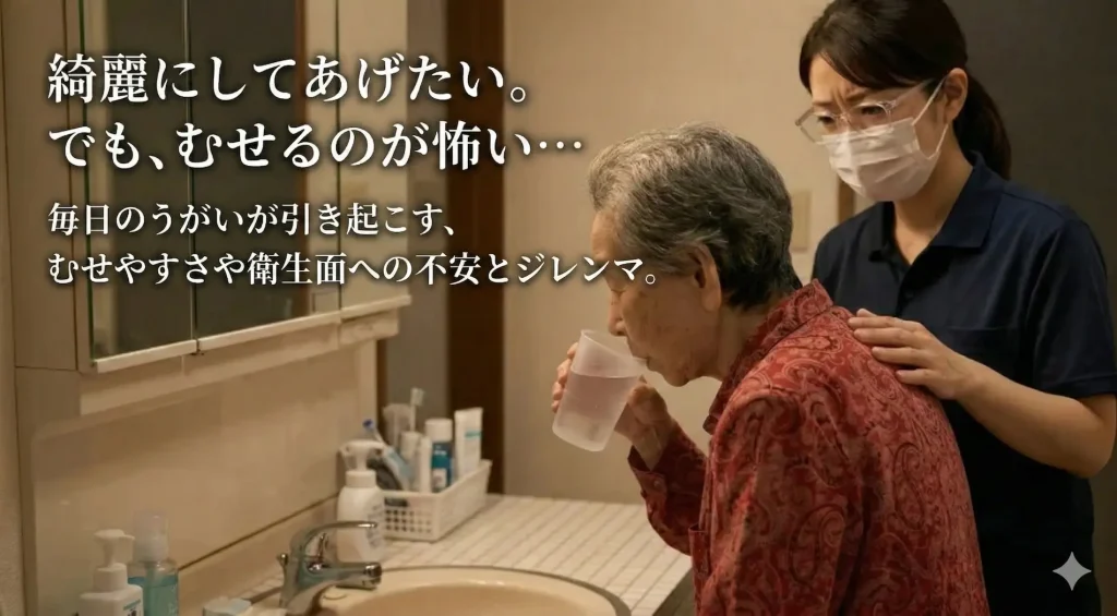 綺麗にしてあげたい。でも、むせるのが怖い…毎日のうがいが引き起こす、むせやすさや衛生面への不安とジレンマ。在宅介護での口腔ケアにおいて、高齢の親がうがいでむせてしまうことを心配し、不安そうに見守る家族のイメージ