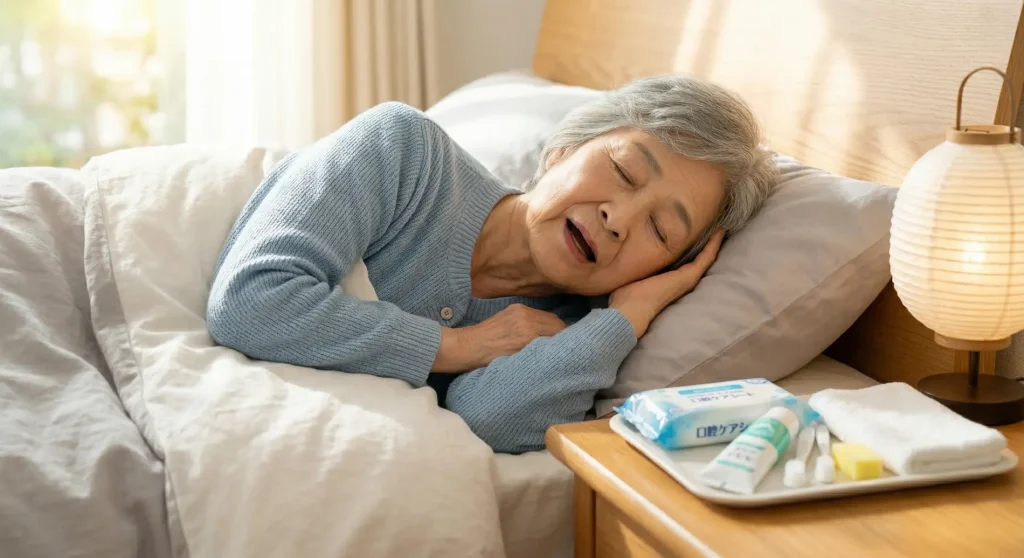 誤嚥性肺炎の原因となる「睡眠中のリスク（唾液の誤嚥）」を防ぐため、ベッドの枕元に口腔ケア用品（保湿ジェルやスポンジブラシ）を用意して眠る高齢者の女性。