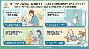 オーラバブルの導入・設置ガイド。工事不要で後付け可能な4つのタイプ（家庭の洗面所、賃貸のシャワー、介護施設の手洗い場、ベッドサイド）の利用シーンのイラスト。