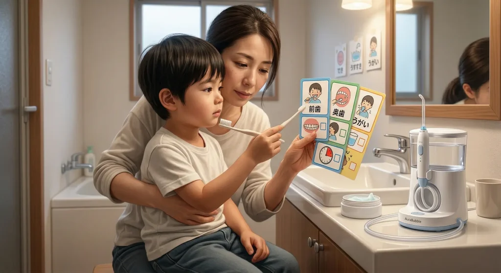 自閉症や発達障害のお子様が歯磨きを嫌がる「歯磨きパニック」の克服法として、洗面所で絵カード（視覚支援ツール）を見せながら優しく手順を伝える母親。手前にはうがい不要の安全な最新口腔ケアツールが置かれています。