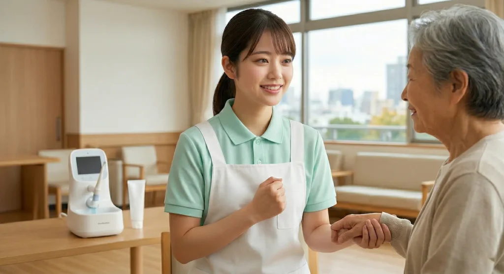 介護職のストレスを軽減し離職を防ぐ業務改善の解決策。最新の口腔ケア機器の導入によって精神的な負担（限界）から解放され、明るい笑顔で高齢者の手を取り合う若い介護スタッフ。