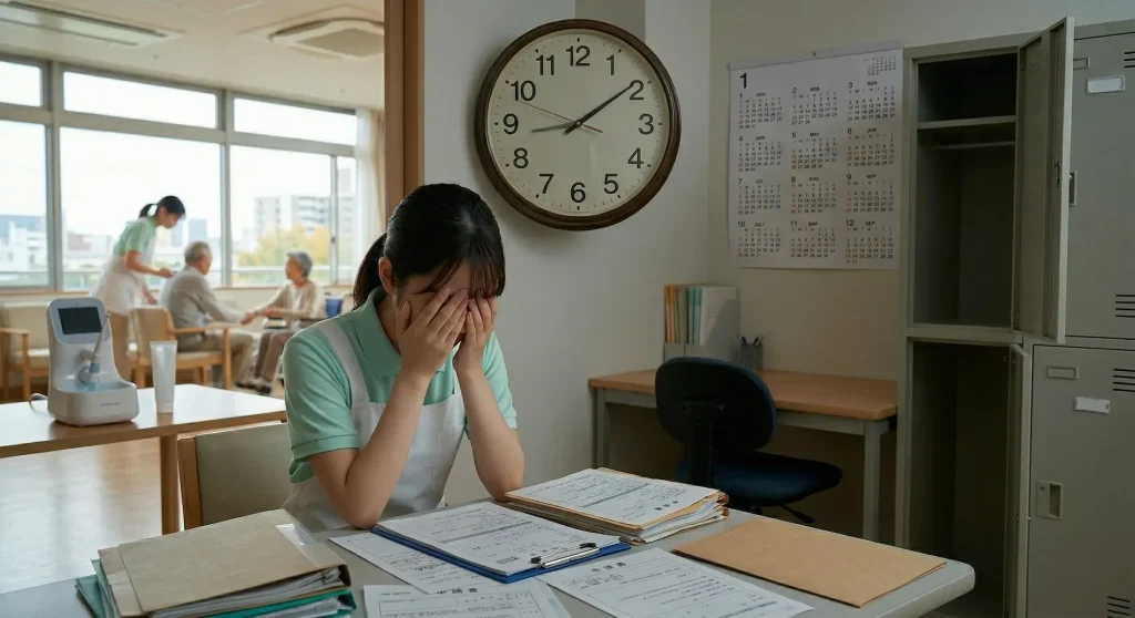介護福祉機器の補助金の申請待ちが引き起こす、現場スタッフが辞める最大の損失リスク。山積みの書類を前に顔を覆って疲弊する介護スタッフと、壁の大きな時計が待機時間の長さを象徴しており、奥のフロアでは別のスタッフが高齢者のケアに追われています。