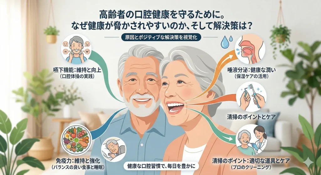 高齢者の口腔内に細菌が繁殖しやすい原因と、唾液分泌の促進や免疫力向上など健康を守るためのポジティブな解決策を図解したイラスト