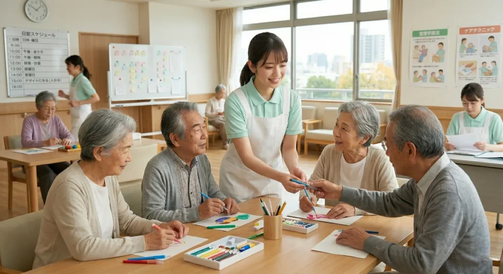 デイサービスの人手不足対策の鍵となる「業務負担の軽減」。高齢者と笑顔で塗り絵のレクリエーションを楽しむ介護スタッフの背後で、書類業務や慌ただしく移動する他のスタッフの姿があり、現場の忙しさが伺えます。