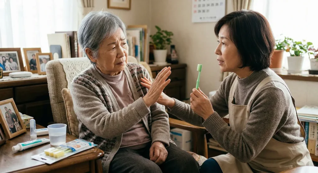 認知症の親が歯磨きを嫌がり、介護する家族を拒否している様子のイメージ