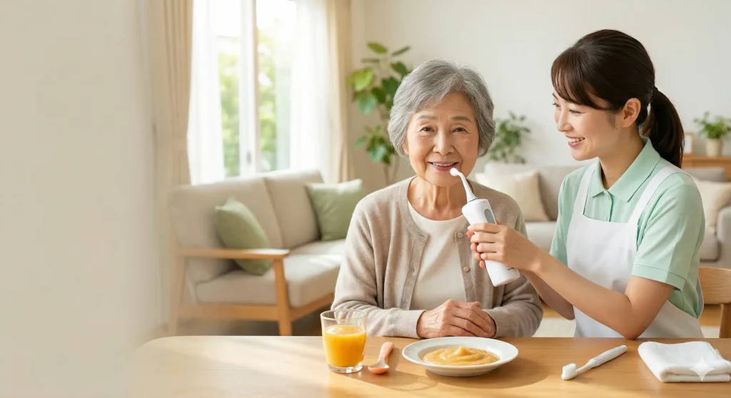 誤嚥（むせる）予防に配慮したとろみ食と、介護スタッフから最新の安全な口腔ケアを受ける笑顔の高齢者女性