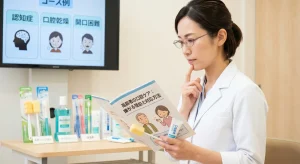 歯科医が顎に手を当て、「高齢者の口腔ケア：嫌がる理由と対応方法」という冊子を真剣に読んでいる。背景にはコース例が表示されたモニターと、口腔ケア製品が並ぶテーブル。
