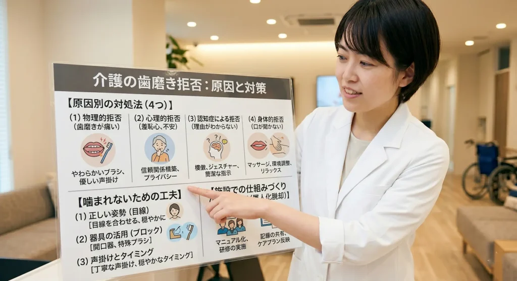 介護での歯磨き拒否の原因と対策（噛まれない工夫など）を解説するパネルと白衣の女性