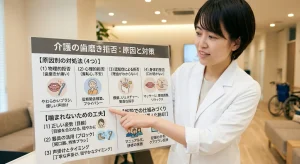 介護での歯磨き拒否の原因と対策（噛まれない工夫など）を解説するパネルと白衣の女性