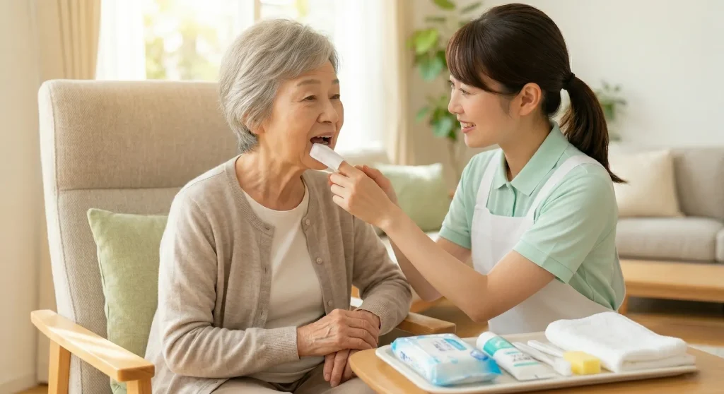高齢者の誤嚥予防のための安全な口腔ケア。口をゆすげない時に、若い介護スタッフが介護用拭き取りシートで口の中をケアしており、トレイにはスポンジブラシや口腔ケアジェル、タオルが用意されています。