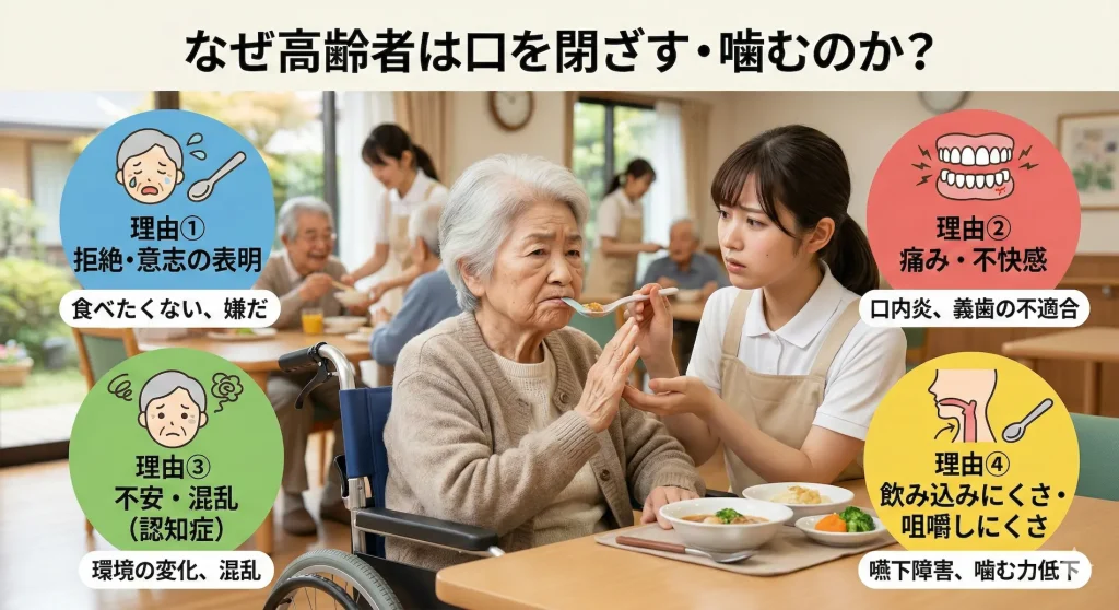 高齢者が食事や口腔ケアで口を閉ざす・噛む4つの理由（意思の拒絶、口内の痛み、認知症による不安、嚥下障害）の図解