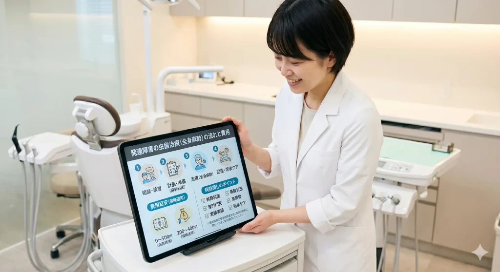 歯科医院の診察室で、白衣を着た女性スタッフが微笑みながら、発達障害を持つ人のための全身麻酔による虫歯治療に関するインフォグラフィックが表示されたタブレット端末を提示している。