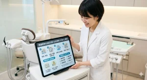 歯科医院の診察室で、白衣を着た女性スタッフが微笑みながら、発達障害を持つ人のための全身麻酔による虫歯治療に関するインフォグラフィックが表示されたタブレット端末を提示している。
