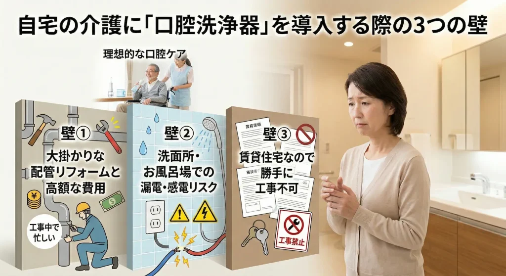 自宅介護に口腔洗浄器を導入する際の3つの壁(高額な配管リフォーム、漏電・感電リスク、賃貸の工事不可)に悩む女性のイメージ