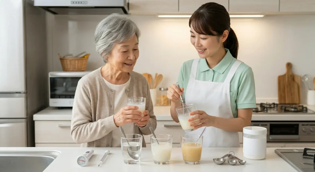 高齢者のむせ込みを防ぐ「とろみ剤」をキッチンで準備する介護スタッフ。ダマにならない正しい使い方として泡立て器で混ぜており、手前には状態に合わせた3段階の濃さの液体が並んでいます。