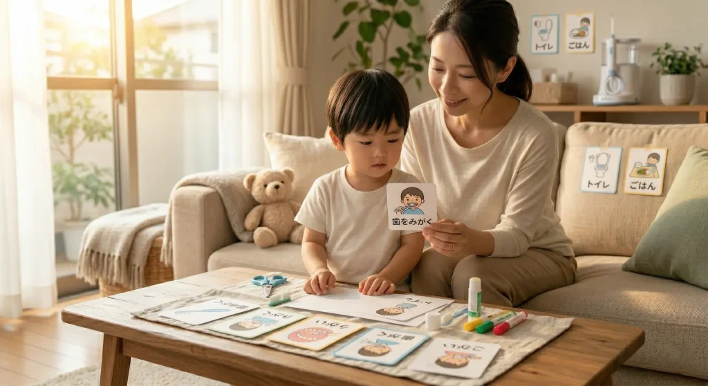 リビングルームで、母親が「歯をみがく」と書かれた日本語の絵カードを息子に見せ、子供の歯磨きトレーニングをしている様子。テーブルの上には、ハサミやペン、他の日本語の生活カード（顔をあらう、うがい）が並んでいる。背景にはソファー、クマのぬいぐるみ、窓からの自然光、ウォーターフロッサーが見える。記述的で、画像に写っているすべての主要な要素とテキスト（歯をみがく、顔をあらう、うがい）を自然に含んでおり、アクセシビリティも高い。