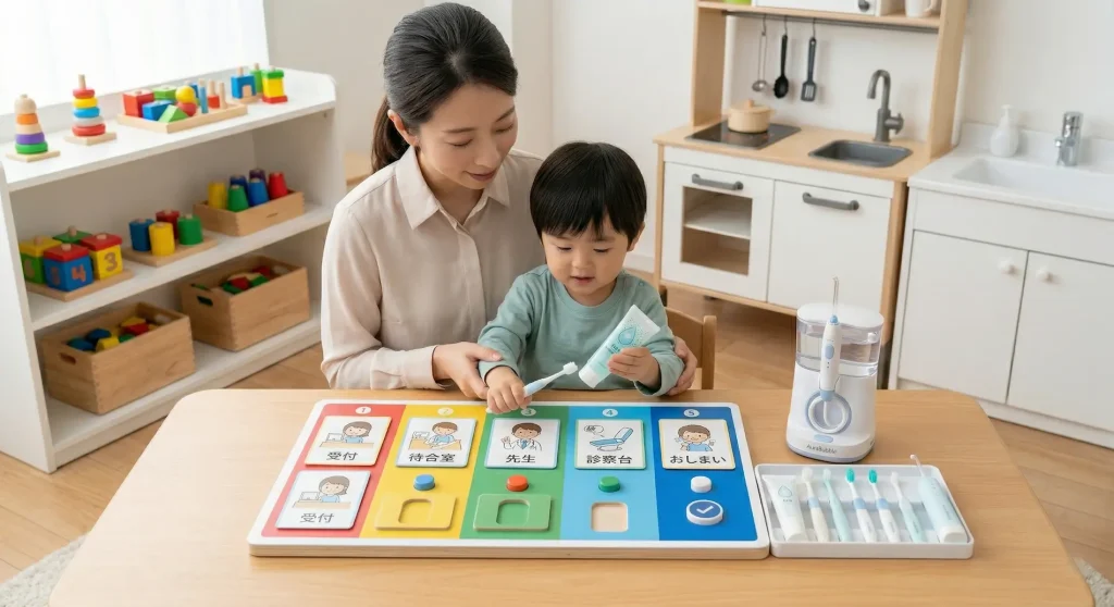 リビングルームまたは療育施設で、母親が小さな息子に歯科受診の練習をさせている様子。子供が歯ブラシを使い、母親がサポートしている。子供の前には、木製の子供用歯科受診プロセスの視覚スケジュール（絵カード）があり、日本語テキストで「受付（うけつけ）」「待合室（まちあいしつ）」「先生（せんせい）」「診察台（しんさつだい）」「おしまい」と書かれている。棚にはモンテッソーリ風の木製玩具とおままごとキッチンがあり、歯科ケアセットも置かれている。子供の歯磨き練習と歯科受診準備のための療育的アプローチ。