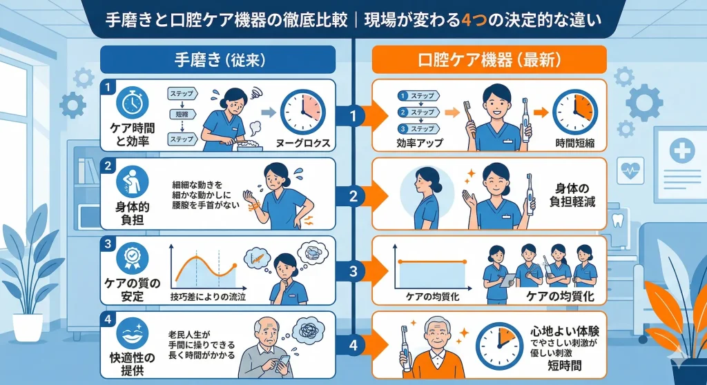 従来の手磨きと最新の口腔ケア機器の4つの決定的な違い（ケア時間・身体的負担・ケアの質の安定・快適性）を比較した図解