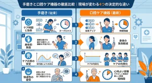 従来の手磨きと最新の口腔ケア機器の4つの決定的な違い（ケア時間・身体的負担・ケアの質の安定・快適性）を比較した図解