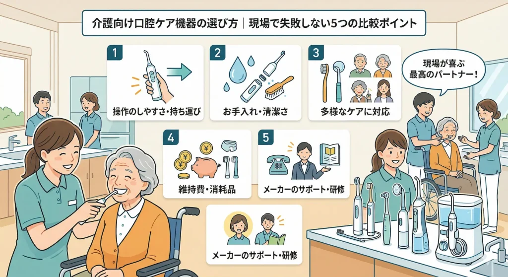 介護向け口腔ケア機器の選び方と現場で失敗しない5つの比較ポイント（操作性、お手入れ・清潔さ、多様なケア対応、維持費・消耗品、メーカーサポート）をまとめた図解
