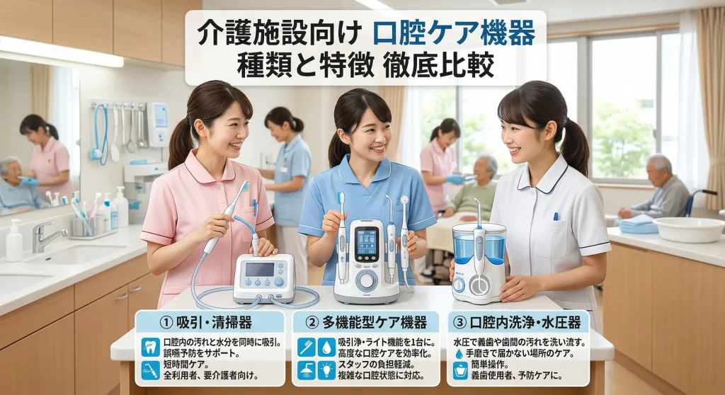 介護施設向け口腔ケア機器の3つの種類（吸引・清掃器、多機能型ケア機器、口腔内洗浄・水圧器）とそれぞれの特徴を徹底比較した図解
