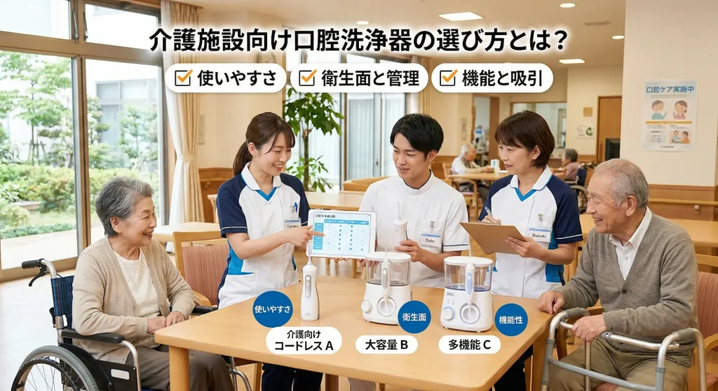 介護施設向け口腔洗浄器の選び方。使いやすさ・衛生面・機能性を基準に製品を比較検討するスタッフと高齢者