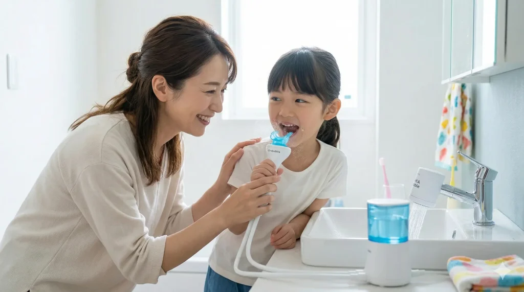 洗面所でお母さんにオーラバブル(Orabubble)で口腔ケアをしてもらっている笑顔の女の子。子供でも嫌がらずに使える優しいマウスピース型の口腔洗浄器。