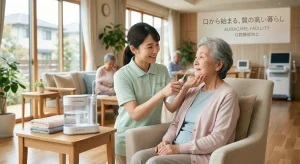 次世代口腔洗浄器『オーラバブル』を使って、笑顔の介護職員が、デイサービスの高齢女性に優しく口腔ケアを行う。口腔ケアの質で他施設と差別化し、『選ばれる施設』になるための設備投資を表現。