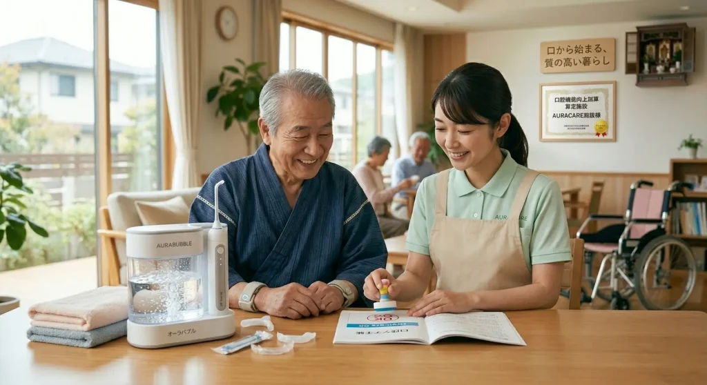 次世代口腔洗浄器『オーラバブル』の導入で現場の負担を減らし、口腔機能向上加算の取得に成功した介護施設の事例。壁に算定施設の証書が飾られる中、笑顔で口腔ケア手帳を確認する介護職員とリラックスした高齢男性