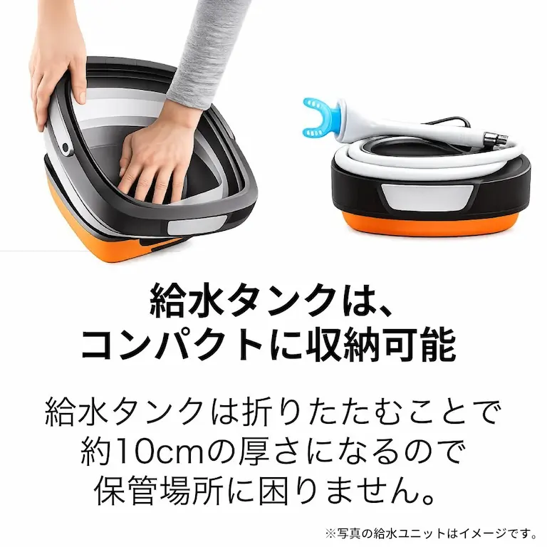 オーラバブルのポータブル型製品セットの給水タンクがコンパクトになる収納の様子を解説した写真