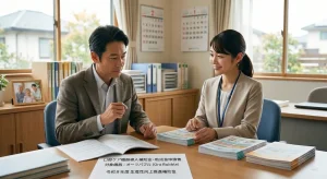 初期費用を抑えて最新の口腔ケア機器「オーラバブル」を導入するため、介護施設の経営者と担当者が補助金・助成金の申請書を見ながら相談している様子