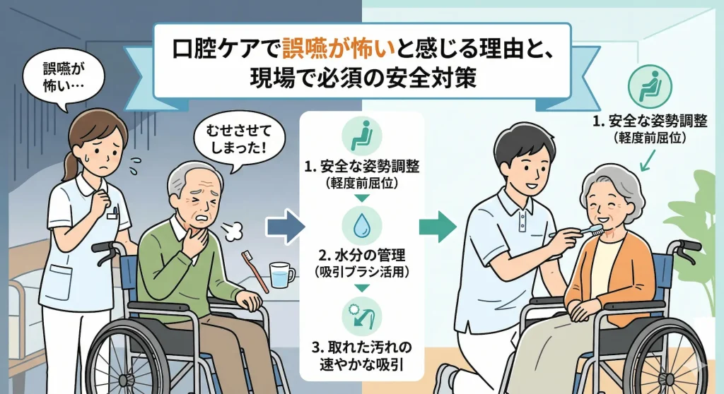 介護現場の口腔ケアでスタッフが「誤嚥が怖い」と感じる課題と、必須の安全対策をまとめた図解。利用者がむせてしまう不安な状況から、安全な姿勢調整(軽度前屈位)、水分の管理(吸引ブラシ活用)、取れた汚れの速やかな吸引という3つの対策を取り入れ、安心してケアを行う様子への変化を比較