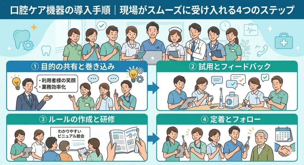 介護現場に口腔ケア機器をスムーズに導入するための4つのステップ(目的の共有・試用・ルール作成・定着)の図解