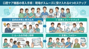 介護現場に口腔ケア機器をスムーズに導入するための4つのステップ（目的の共有・試用・ルール作成・定着）の図解