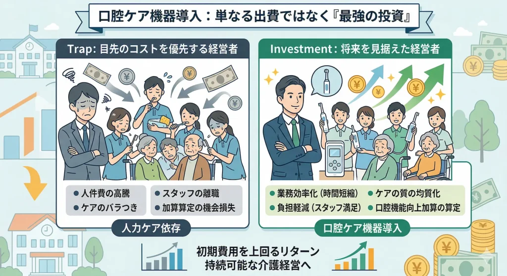 口腔ケア機器導入のメリットと費用対効果の図解。目先のコストにとらわれ人力ケアに依存する経営の罠と、将来を見据えた投資として機器を導入する経営者の比較