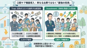 口腔ケア機器導入のメリットと費用対効果の図解。目先のコストにとらわれ人力ケアに依存する経営の罠と、将来を見据えた投資として機器を導入する経営者の比較