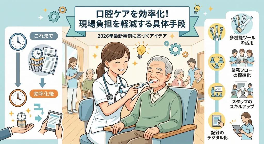 介護現場の負担を軽減する口腔ケア効率化の具体手段。多機能ツールの活用、業務フローの標準化、スタッフのスキルアップ、記録のデジタル化による時間短縮のイメージ図解