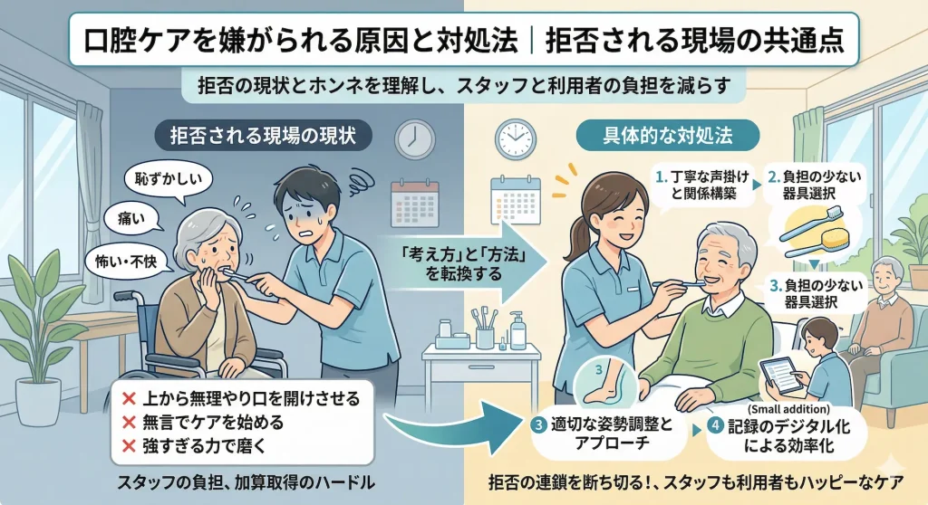 介護現場で口腔ケアを嫌がられる（拒否される）原因と具体的な対処法の図解。利用者が痛みや怖さから拒否する現状やNG行動（無言で始める、強すぎる力で磨く等）と、丁寧な声掛け、負担の少ない器具の選択、適切な姿勢調整などの対処法によって穏やかにケアを受け入れる様子の比較