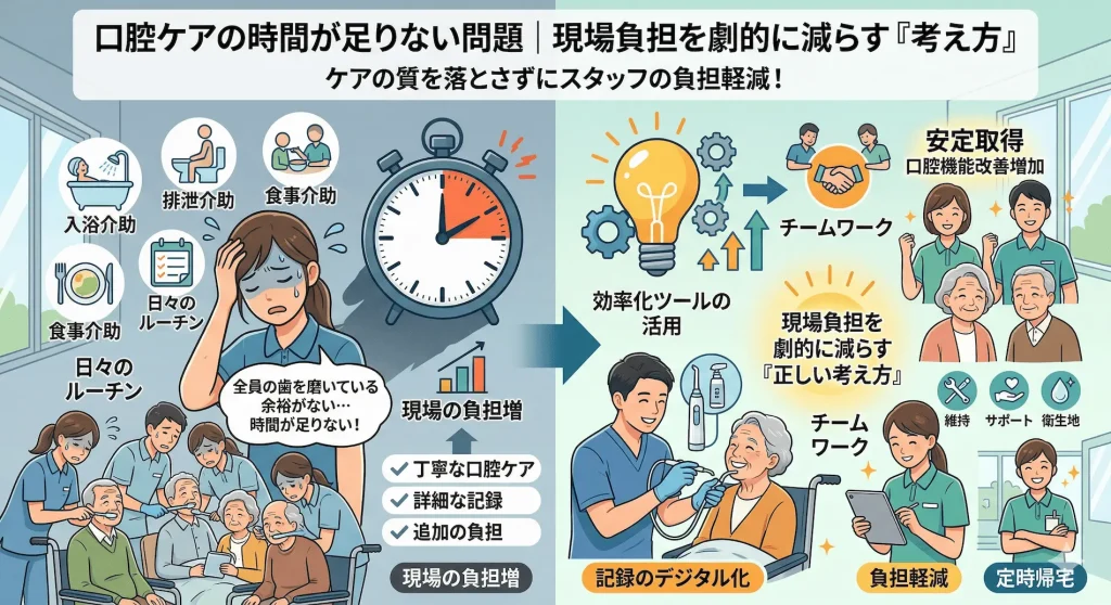 介護現場における口腔ケアの時間が足りない問題と、現場負担を劇的に減らす『正しい考え方』の図解。日々の業務に追われる現状と、効率化ツールの活用、記録のデジタル化、チームワークによってケアの質を落とさず負担軽減(定時帰宅)を実現する様子を比較