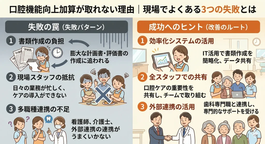 口腔機能向上加算が取れない理由と、介護現場でよくある3つの失敗パターン(膨大な書類作成の負担、現場スタッフの抵抗、多職種連携の不足)の図解。あわせて、加算取得を成功に導くための改善策(ITシステム活用による効率化、全スタッフでの共有とチーム化、歯科専門職など外部連携の活用)を対比させて解説