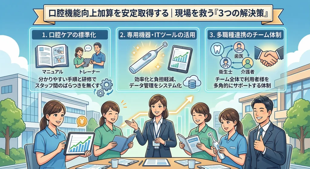 介護現場で口腔機能向上加算を安定取得し負担を軽減するための3つの解決策(口腔ケアの標準化、専用機器・ITツールの活用、多職種連携のチーム体制)をまとめた図解