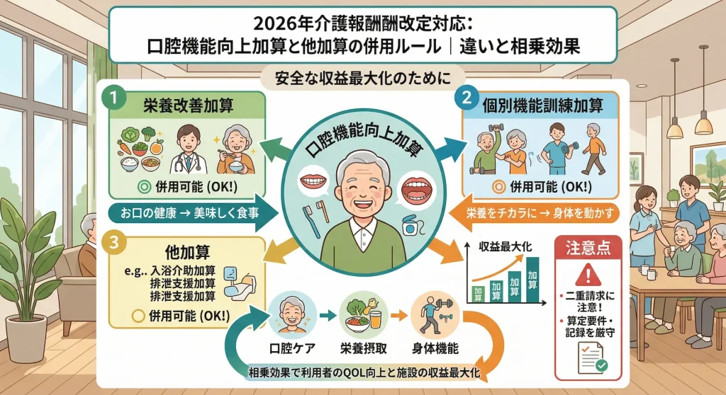口腔機能向上加算と他加算の併用ルールと相乗効果をまとめた図解。栄養改善加算や個別機能訓練加算との併用が可能であることや、口腔ケアから栄養摂取、身体機能の向上へと繋がる相乗効果(利用者のQOL向上と施設の収益最大化)、および二重請求を防ぐための注意点を解説