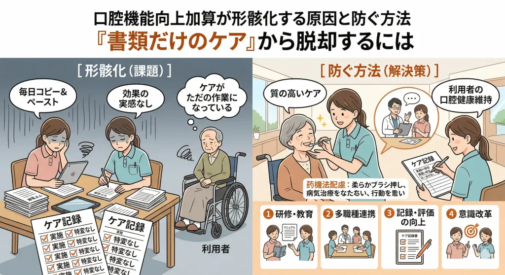 口腔機能向上加算が形骸化する原因と防ぐ方法の図解。ケア記録が毎日コピー＆ペーストになる『書類だけのケア』という課題と、研修・教育、多職種連携、記録・評価の向上、意識改革の4つの解決策で質の高いケアへ脱却する様子を比較