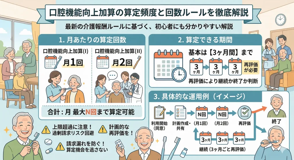 口腔機能向上加算の算定頻度と回数ルールをまとめた図解。月あたりの算定回数(加算Ⅰは月1回、加算Ⅱは月2回)や、算定できる期間(基本は3ヶ月間で再評価により継続か終了を判断)の基準に加え、過剰請求リスクや請求漏れを防ぐための具体的な運用フローを初心者向けに解説