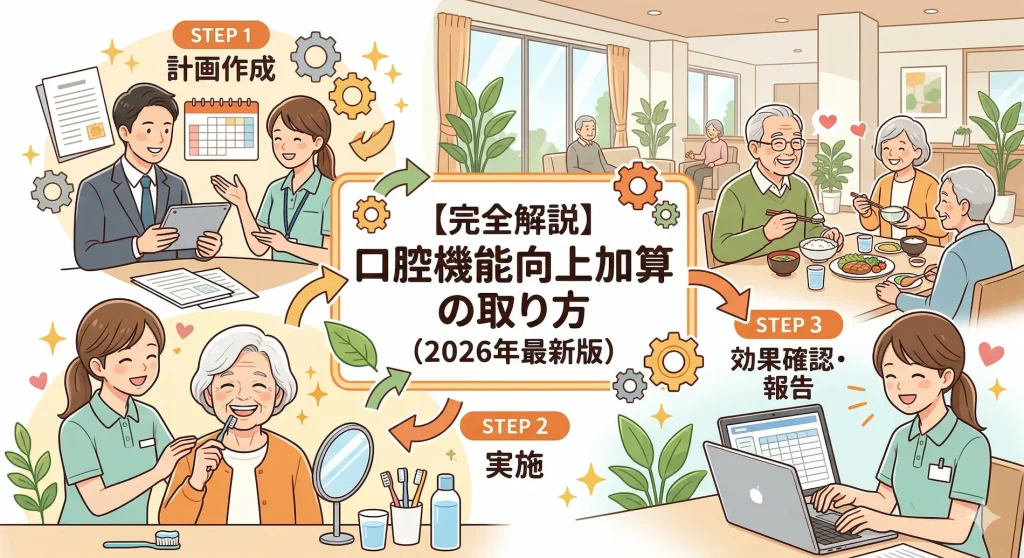 【完全解説】2026年最新版の口腔機能向上加算の取り方をまとめた図解。加算取得に向けた具体的な手順を、「STEP1:計画作成」「STEP2:日々の口腔ケアの実施」「STEP3:効果確認・報告」という3つのステップのサイクルで分かりやすく解説