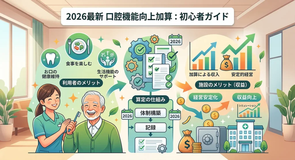 【2026年最新】口腔機能向上加算の仕組みと収益構造の全体像をまとめた初心者向け図解。お口の健康維持や食事の楽しみといった「利用者のメリット」、体制構築から記録に至る「算定の仕組み」、加算による収入増と経営安定化をもたらす「施設のメリット（収益構造）」を視覚的に解説