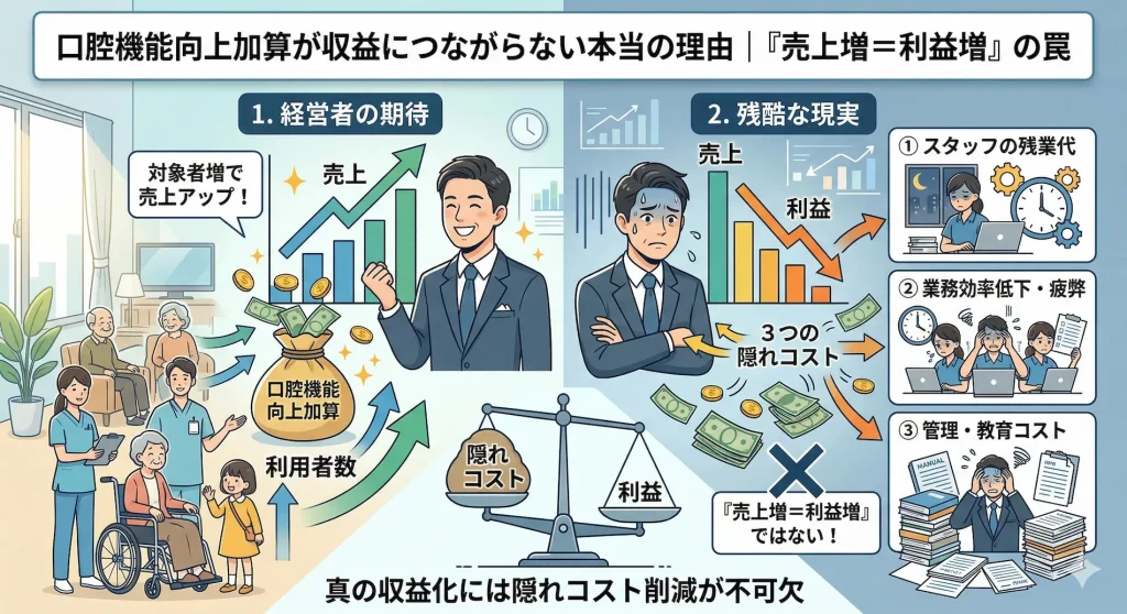 口腔機能向上加算が収益につながらない本当の理由と『売上増＝利益増』の罠の図解。売上アップを期待する経営者と、スタッフの残業代・業務効率低下・管理コストという3つの隠れコストによって利益が圧迫される現実の比較